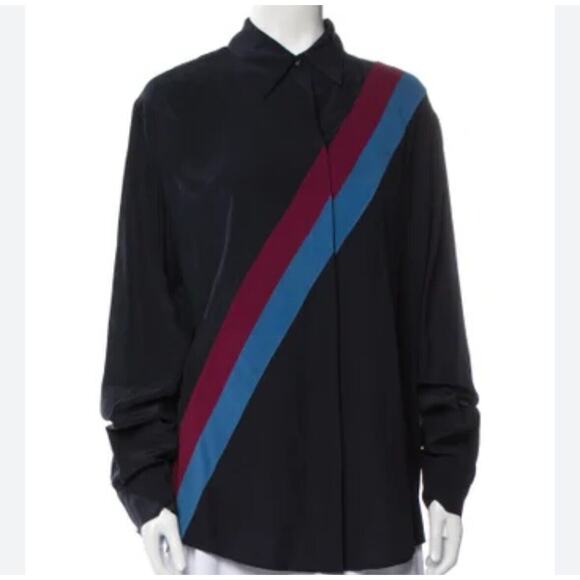 Stella McCartney Silk Black Blue & Red Diagonal Stripe Front Button Blouse Top - Picture 1 of 13
